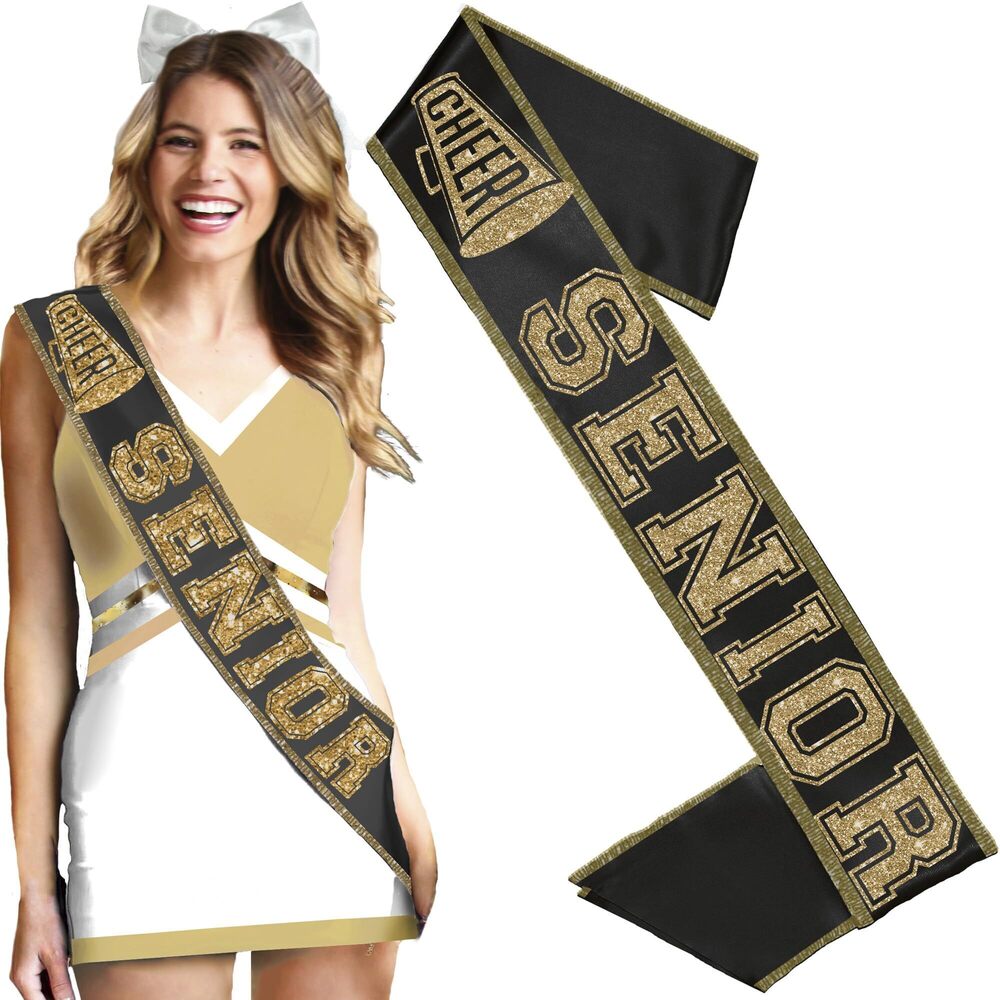 1444 Cheer Senior Sash Black - Gold Sparkle Ribbon Edge Cheer Premium Grade